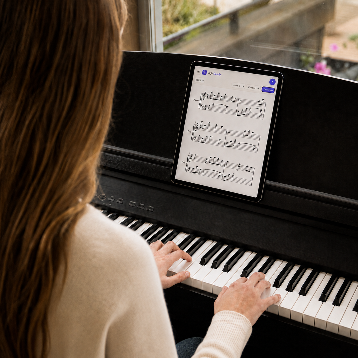 A pianist practicing sight-reading with SightReadly